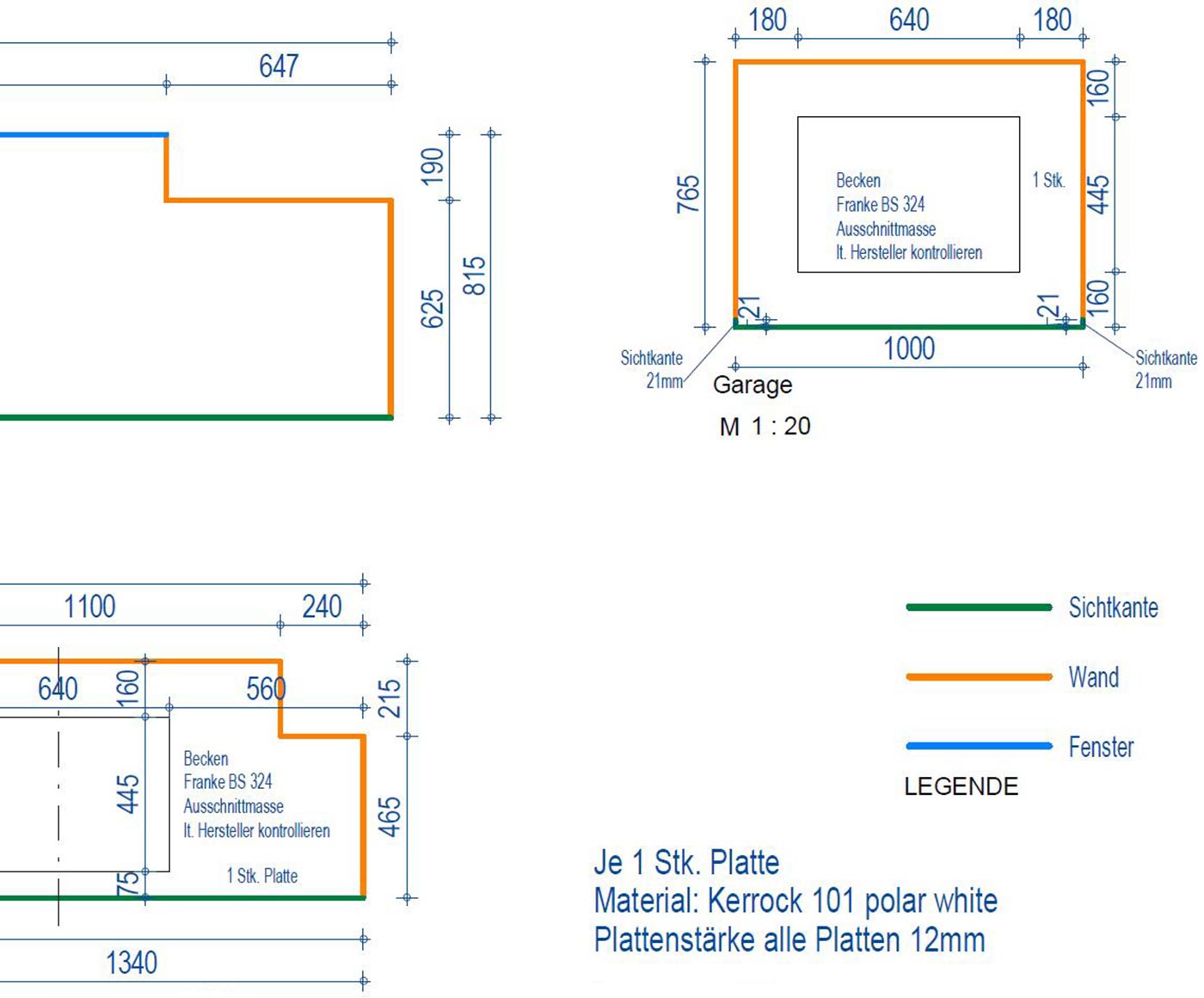 Detailplan für die Bestellung von Möbel Bauteilen