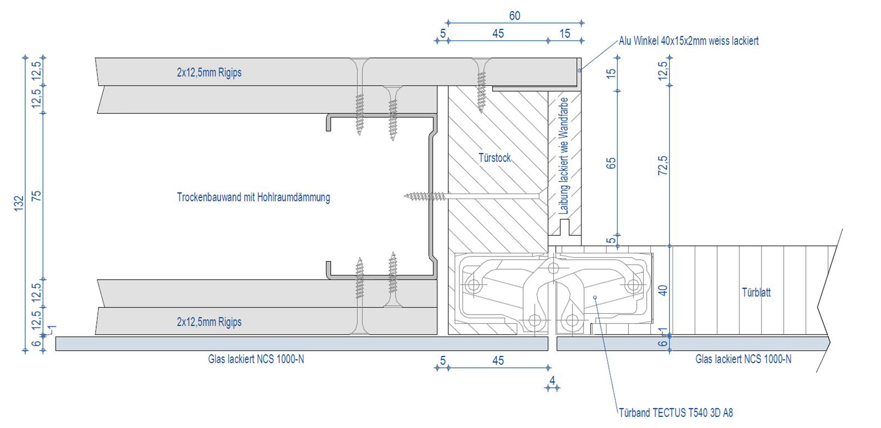 Schnittzeichnung für eine Türe flächenbündig in der Trockenbauwand